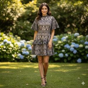 Elliatt Floral Embroidered Tiered Mini Dress Mock Neck Flutter Sleeve Black Med